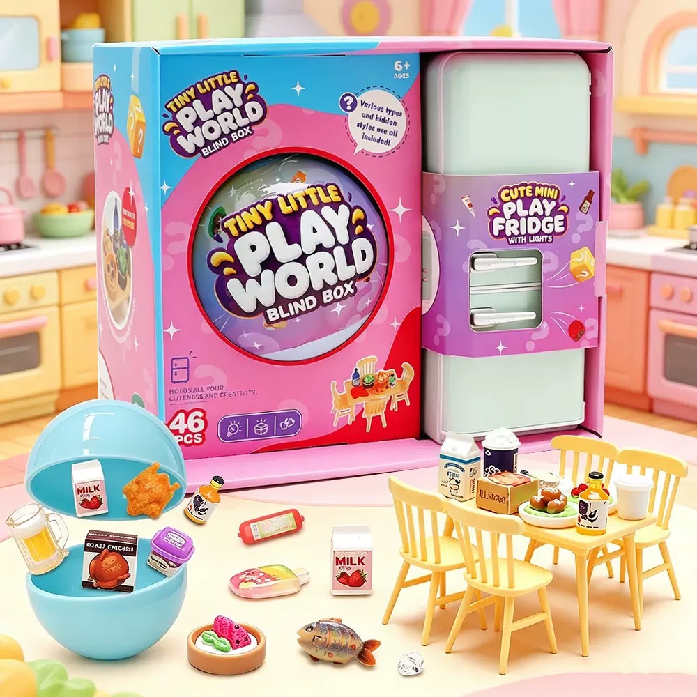 Party Games Mini - ชุดของเล่นตู้เย็นมินิ 4 สีแบบสุ่ม | โมเดลอาหารจิ๋วแบบสุ่ม, ชุดโต๊ะเก้าอี้จิ๋วสำหรับเล่นบทบาทสมมติ,