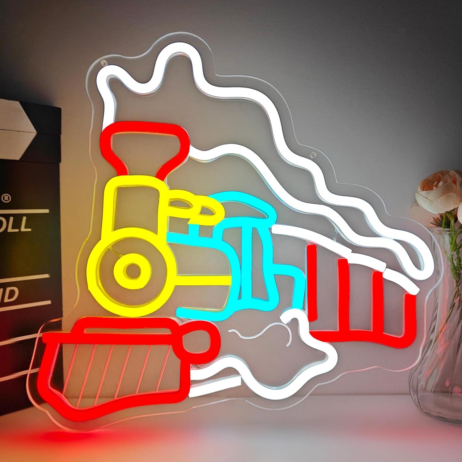Party Games Steam Free - ป้ายไฟนีออนรูปทรงรถไฟไอน้ำ ไฟ LED ปรับความสว่างได้ผ่าน USB สำหรับตกแต่งห้องนอนเด็กผู้ชาย